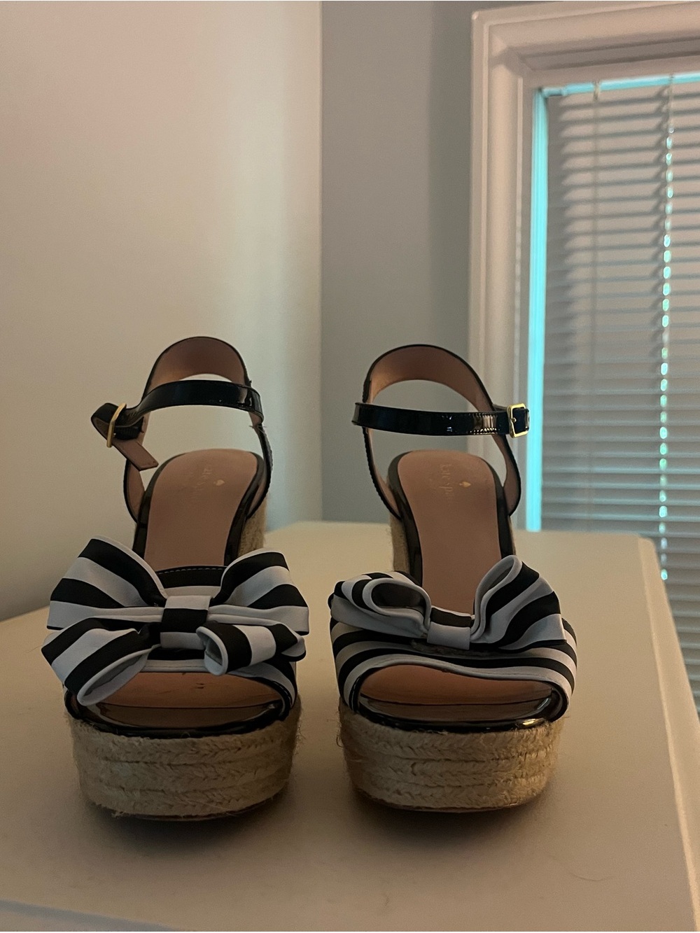 kate spade Black & White Striped Bow Espadrille Wedge Sandals